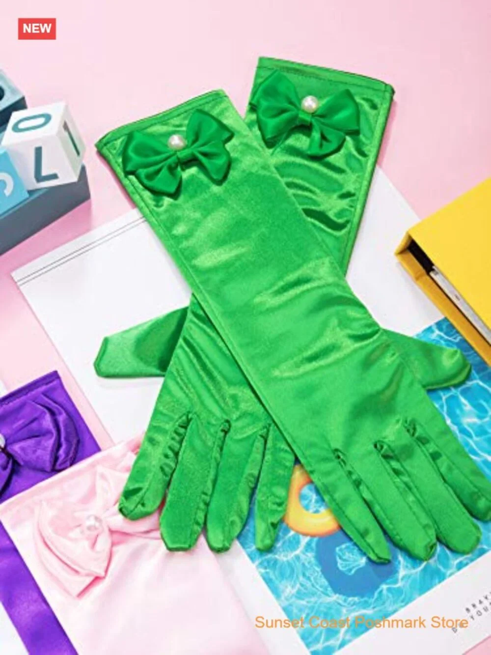 9 Pairs Satin Gloves Dress Up Princess Bows Long Formal Gloves for Girls